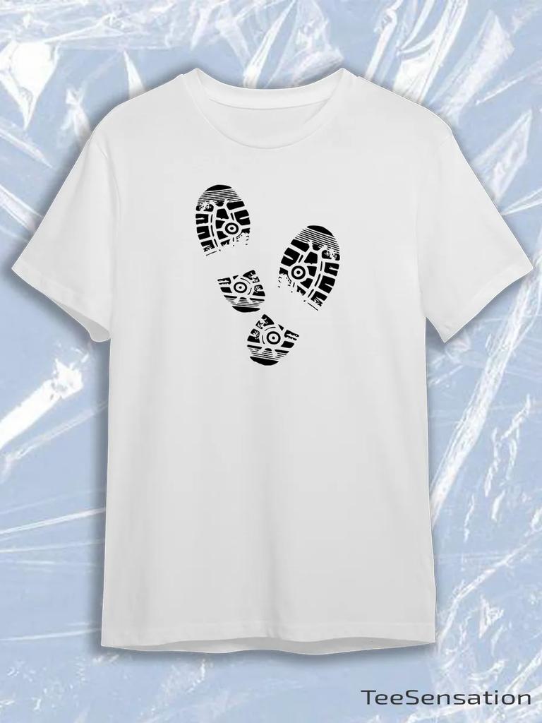 TeeSensation White Crew Neck Short Sleeve T-Shirt with Black Boot Footprint Prints
