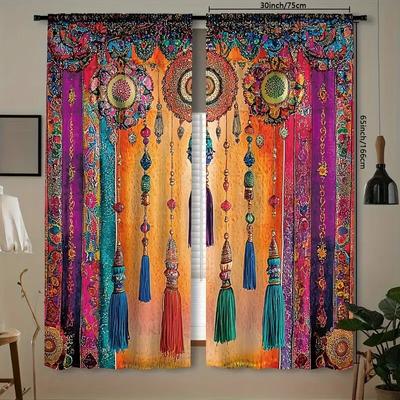 Stijl Gekreukeld Patroon Gedrukte Gordijnen Raamdecoraties Huis Kamer Gordijn Set Van 2 Bohemien Gemaakt Polyester Wasbaar