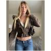 Autumn Winter Vintage Brown Short Hooded Jacket Women's Full Sleeve Slim Detachable Fur Collar Warm Female Y2k Outwears