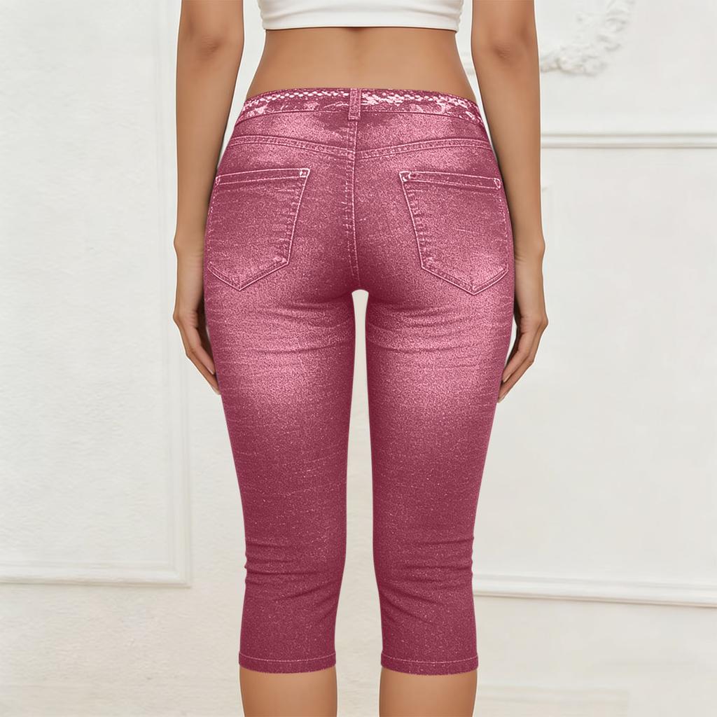 Modische Damen-Jeans mit Blumenmuster, elastischem Bund, elastischem Imitations-Denim, lockerem, lässigem Schnitt, verkürzt