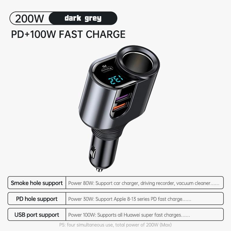 

200W Car Charger Fast Charging Voltage Display USB 100W PD 30W 4 in 1 Dual 12V/24V Cigarette Lighter Splitter Power Adapter темно-сірий