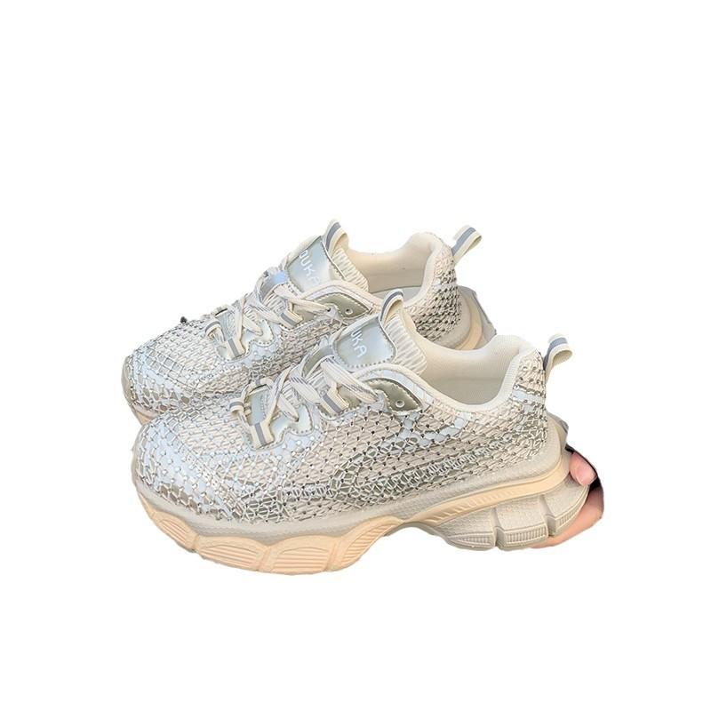 Rhinestone dad shoes women's 2025 spring new Internet celebrities with the same lace-up thick sole heightening versatile sports shoes casual shoes