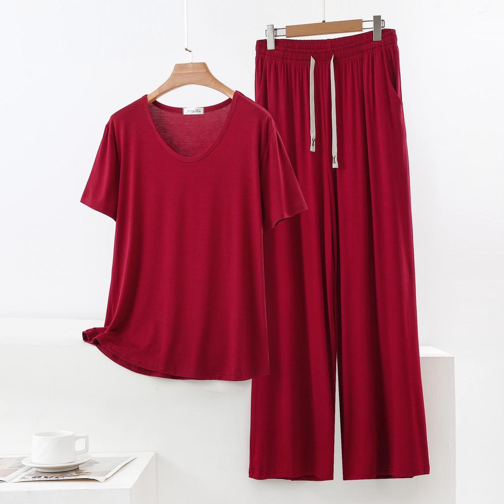 Set Pigiama Estivo da Donna in Modal - Manica Corta, Pantaloni Lunghi a Gamba Larga, Taglie Forti, Abbigliamento Casual e da Esterno