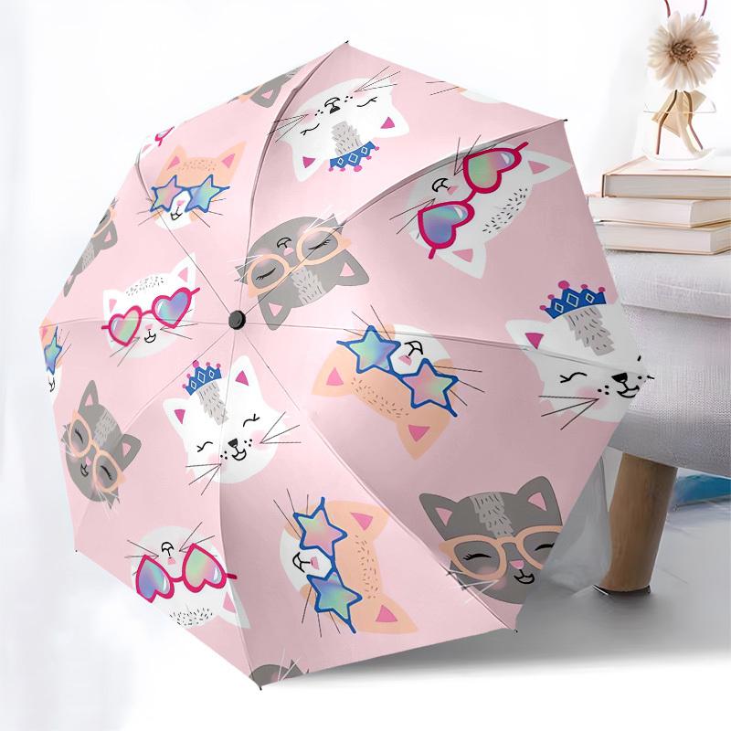 1pc Cute Cats with Glasses and Crowns Pattern Umbrella with Plastic Handle,Compact & Stylish,Cartoon Pattern,Outdoor UmbrellaPT500