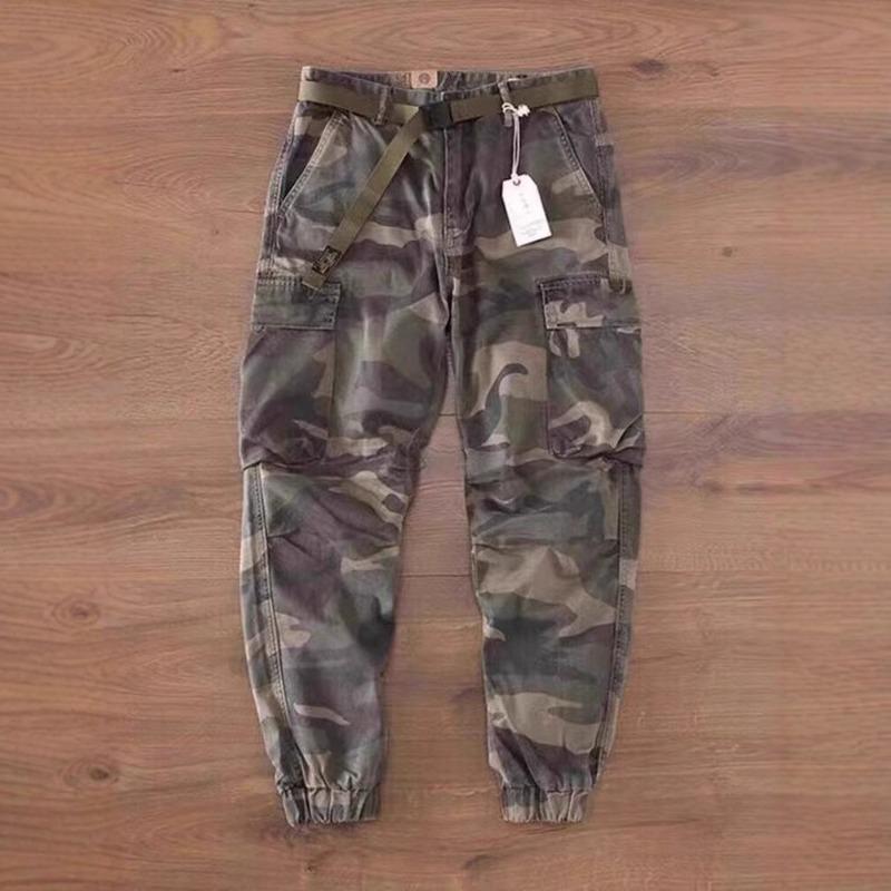 Retro vojenské maskáčové kombinézy pánské Kaji vícekapsové volné malé rovné legíny kalhoty pánské