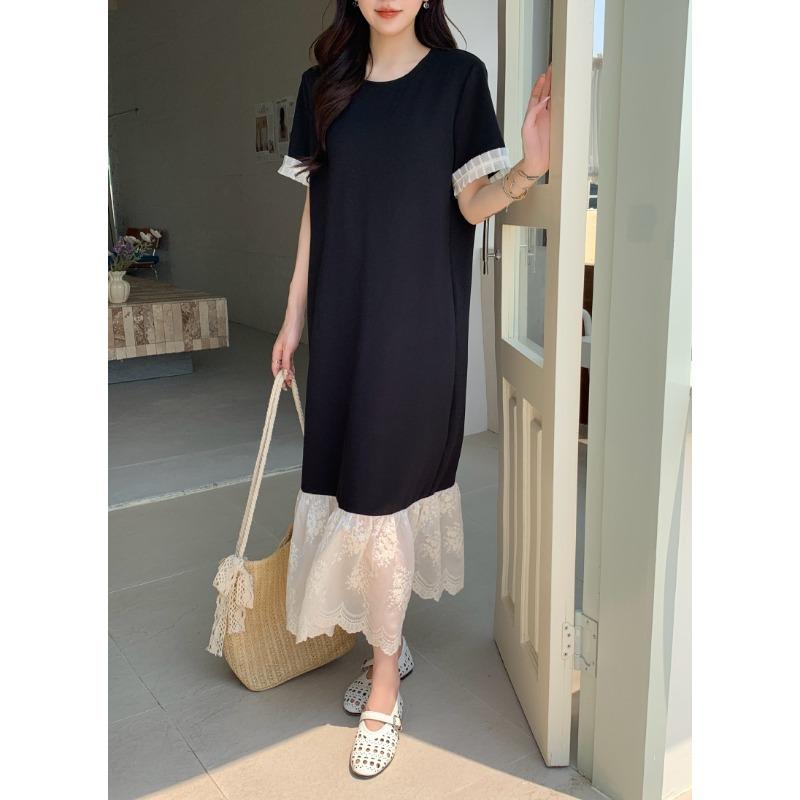 DIMANAF 2025 Plus Size Dress Women Summer Vintage Dress Basic Long Loose Casual Spliced Dress Elegant