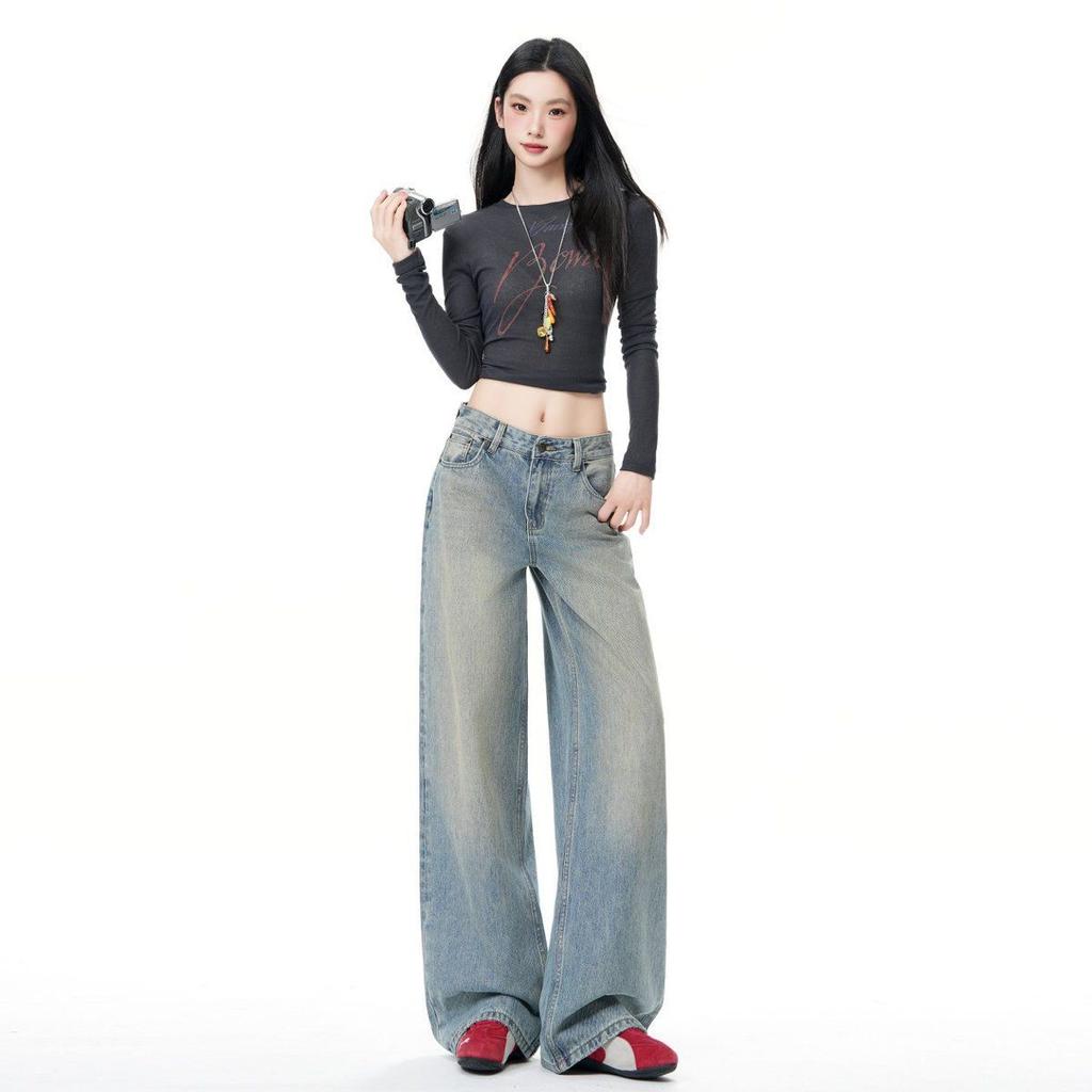 Spring Vintage Washed Craft Relax Straight Wide Leg Denim Pants For Ladies Casual Pants Oversize Denim Trousers