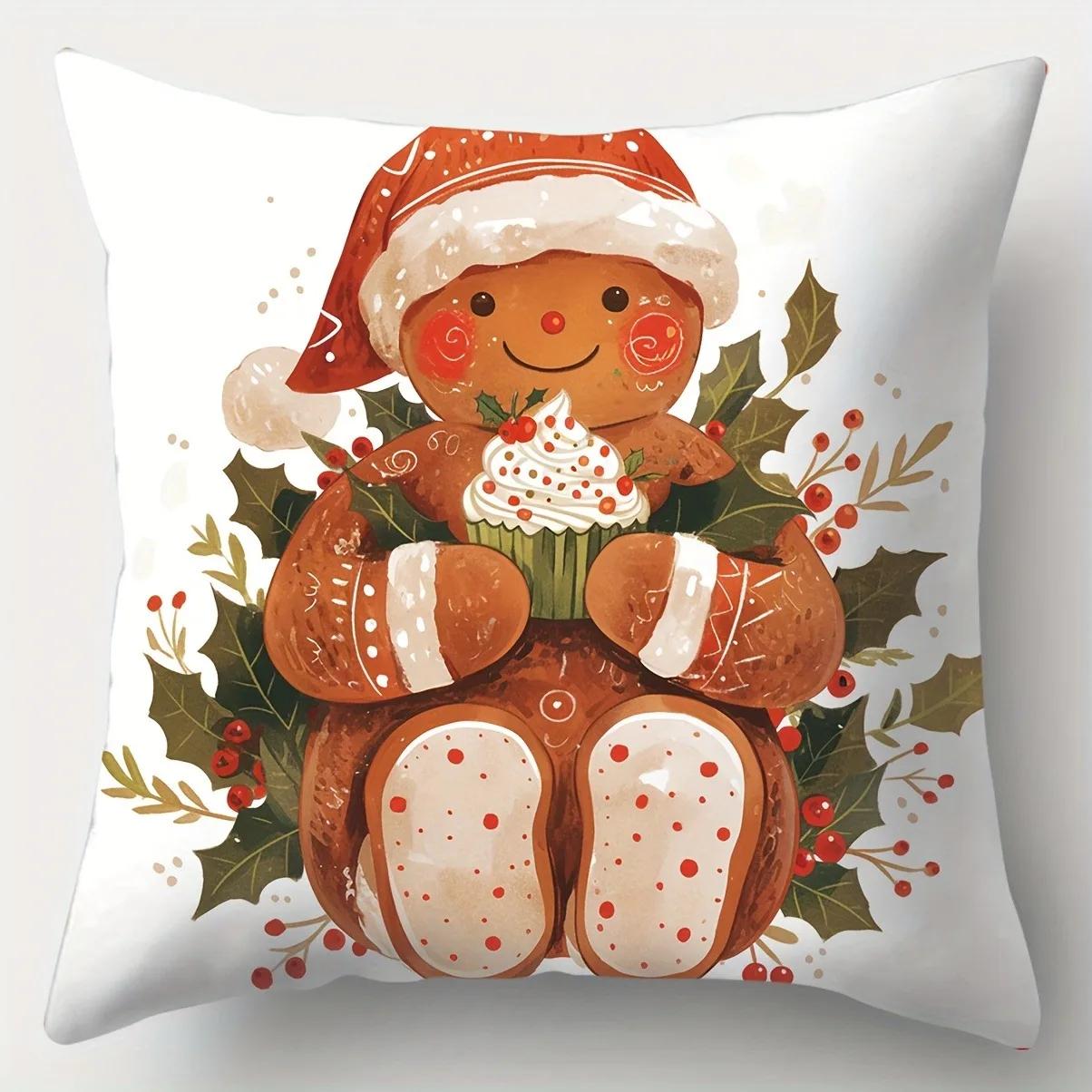 

Рождественская тема Пряничный человечек Полиэстеровая наволочка Подходит для гостиной спальни Домашнее украшение Наволочка 66x66cm белый