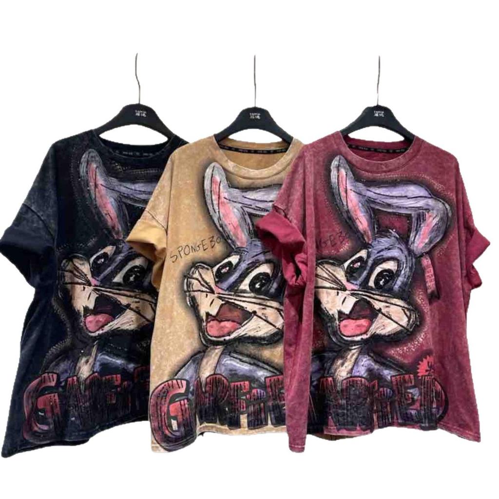 Trendy European & American Retro Distressed Cartoon Cotton T-Shirt - Women's Loose Fashion Short Sleeve Top for Autumn