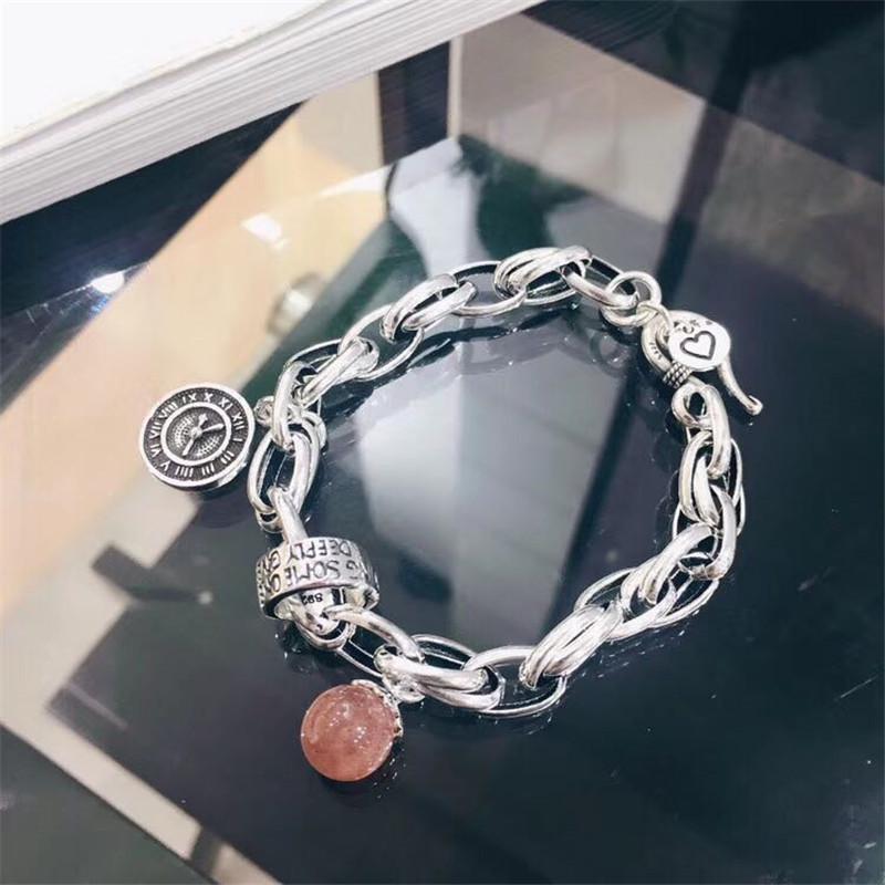 Korean S925 Sterling Silver Geometric Cutout Bracelet - Women's Retro Hong Kong Style Trendy Bangle