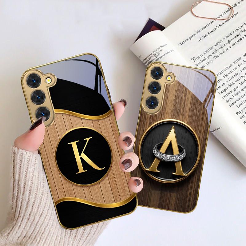 Luxurious Emblem Letters For Samsung Galaxy S26 S20 FE S21 S22 S23 Plus S24 Ultra S25Ultra S21+  S22Plus Golden Glass Phone Case