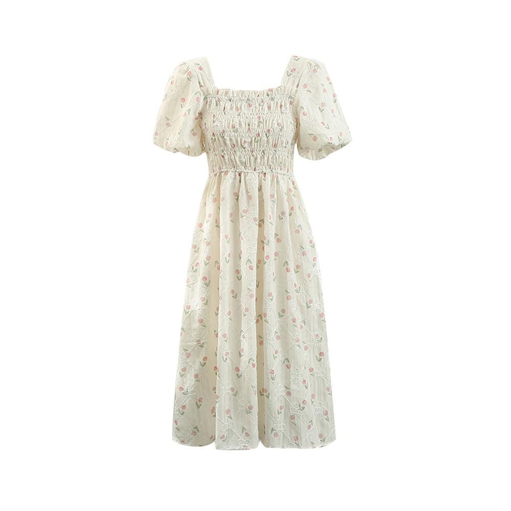 Gentle Temperament Waist and Thin A-word Long Skirt Summer New French Coffee Break Square Collar Floral Dress Medium and Long Skirt Tide
