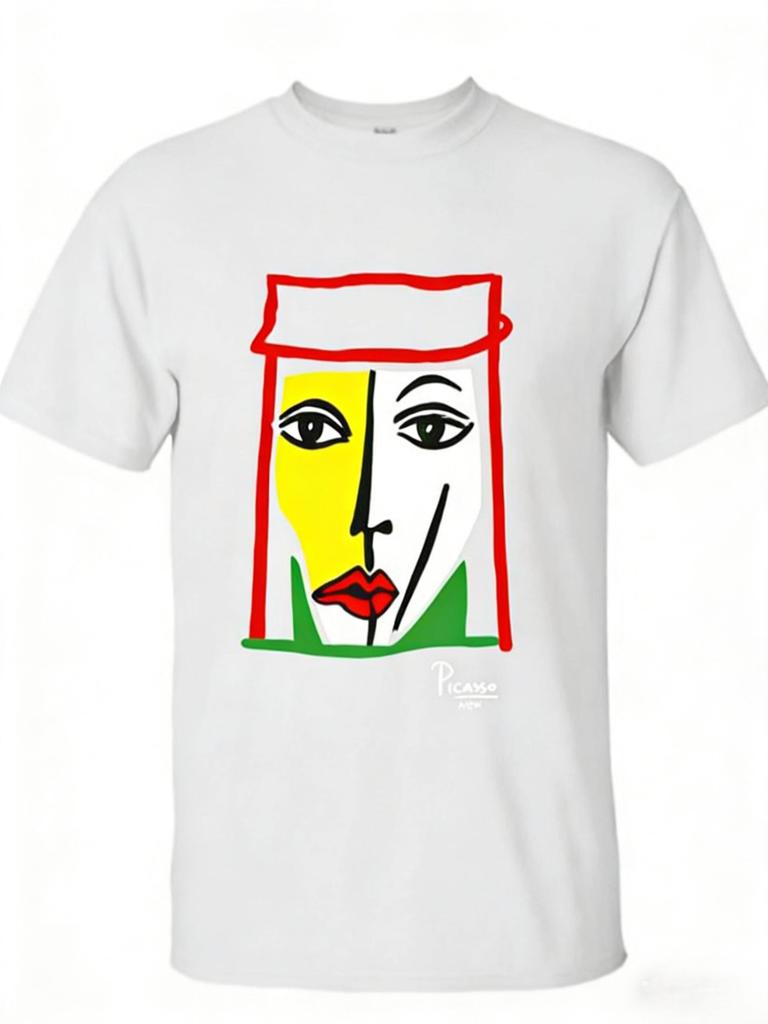 Cubist Art T-Shirt with Black Picasso Face Design, Casual Wear