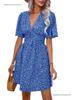 Summer Floral V-Neck Midi Dress with Pleated Skirt and Mid Sleeves