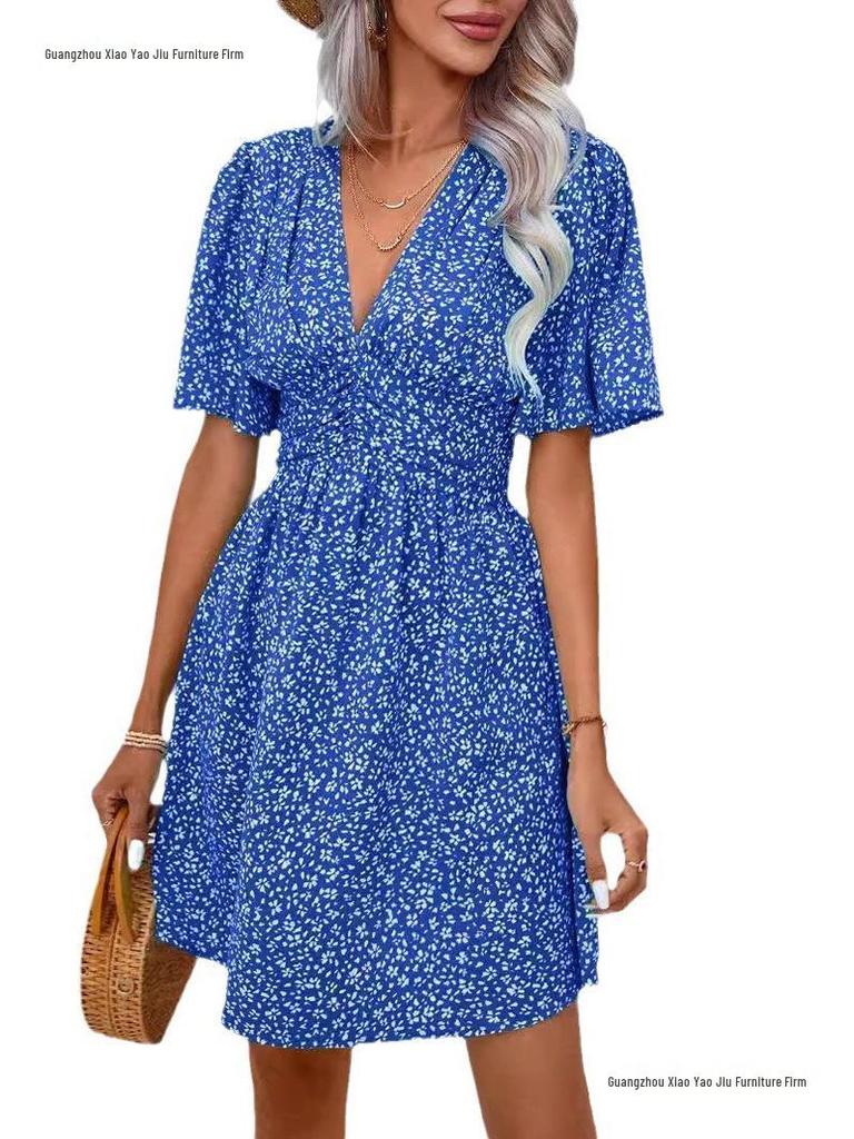 Summer Floral V-Neck Midi Dress with Pleated Skirt and Mid Sleeves