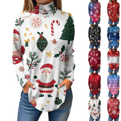 Damen Herbst Casual Langarmshirts Sweatshirt Vintage Bedrucktes High Neck Top Pullover