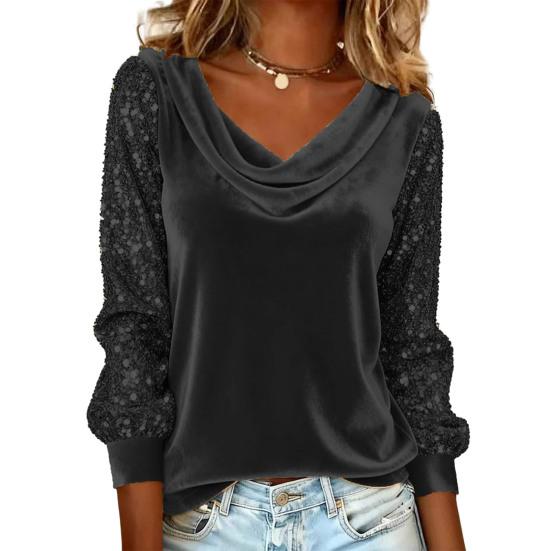 Women Tops Piled Collar Sequined Long Sleeves Velvet Texture Blouse Solid Color Loose Fit Stretchy Casual Tops Party Work Date Wear