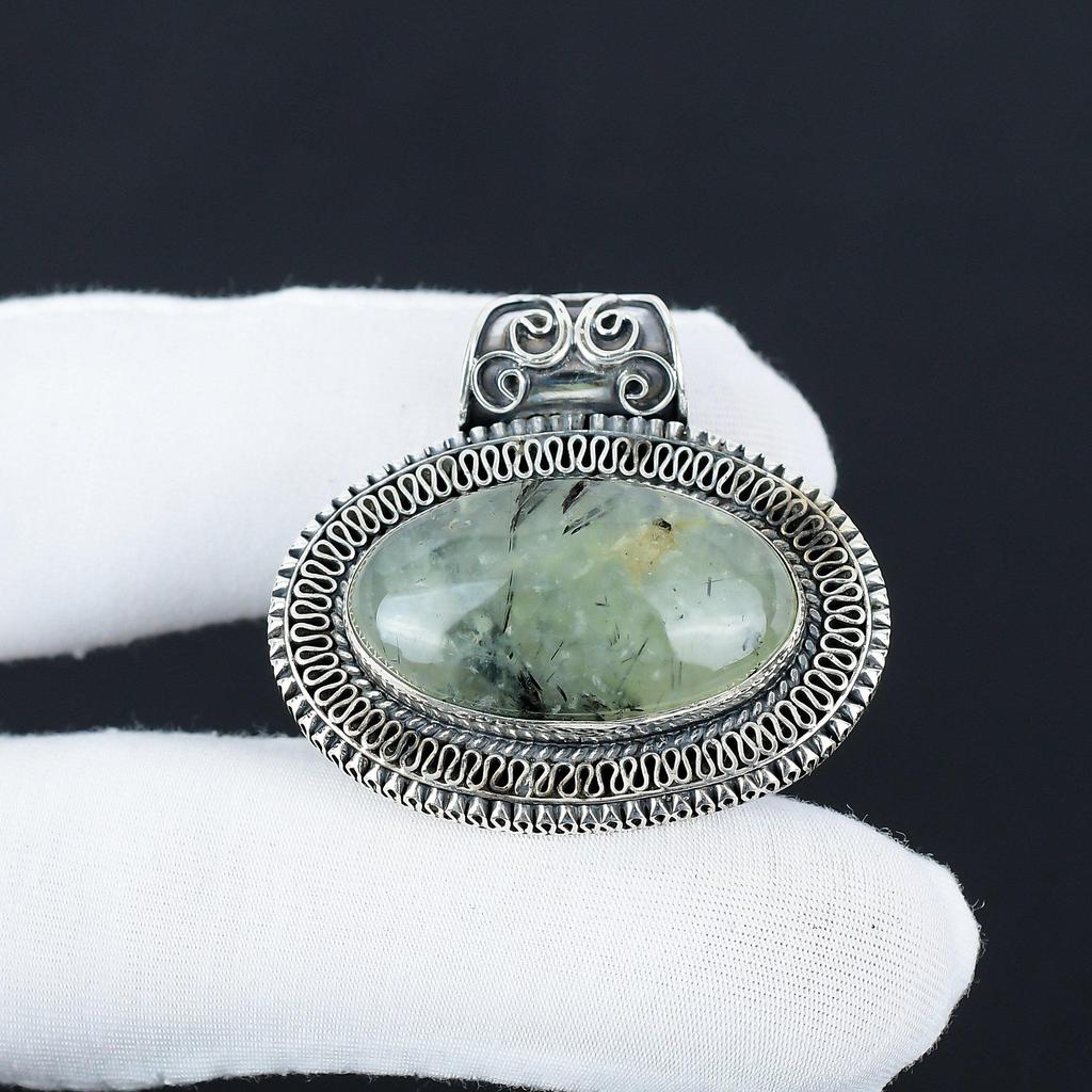 Natural Prehnite Gemstone Silver Pendant In 925 Sterling Silver- Handmade Design, Everyday Wear Jewelry, Antique Pendant Birthday Gifts