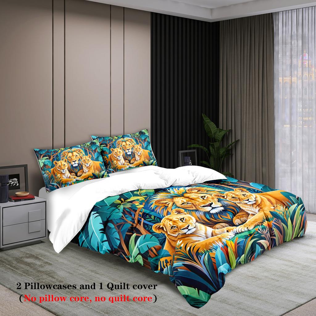 3pcs Lion Family Pattern Bedding Set, 1*duvet Cover+2*pillowcase, for Single Bed, Teenagers and Adults Bedroom, Home Decoration