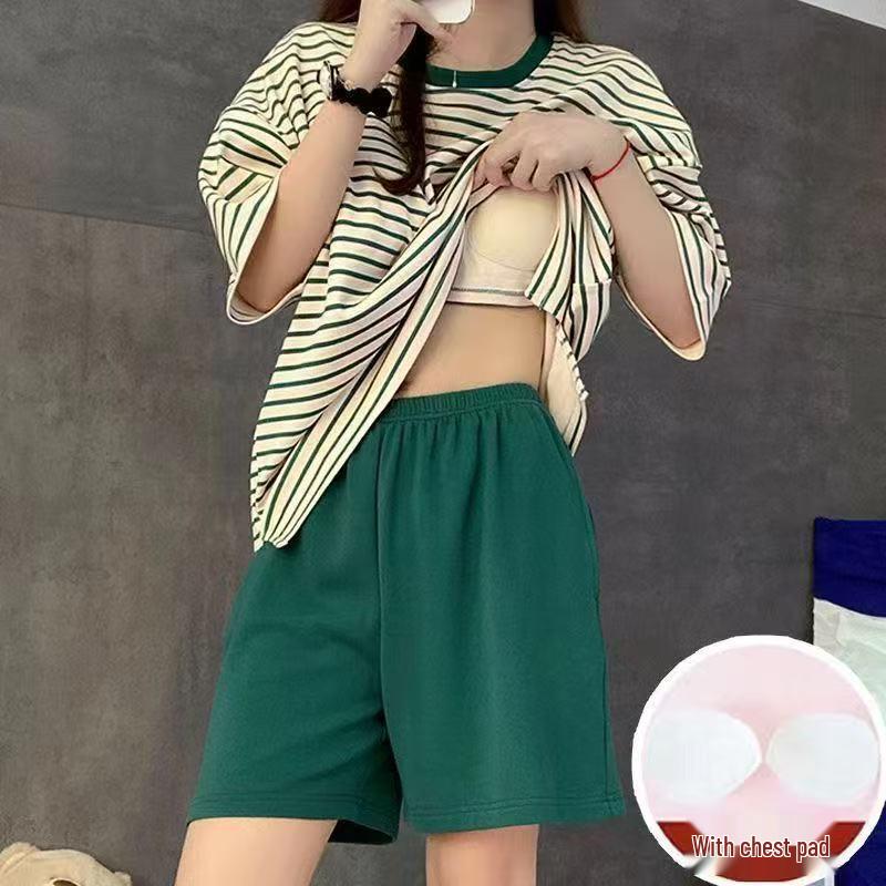 Dames Zomer 2025 Gestreept Pyjamaset met Borstkussentjes - Korte Mouw, Casual, Lichtgewicht