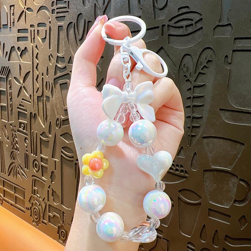 Colorful Beaded Heart Keychain with Bow Pendant