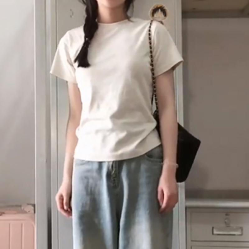 Pure Cotton Shoulder Crew Neck Short-sleeved T-shirt Women's Summer New Slim and Thin Stacked Basic Bottoming Top