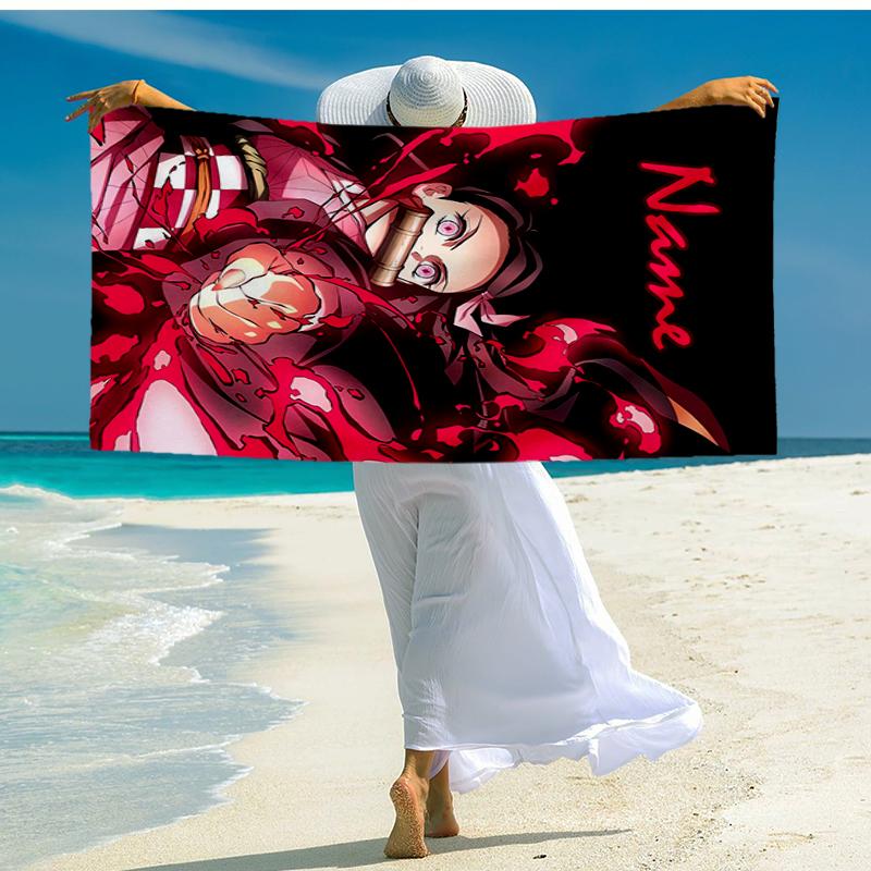 Custom Name Ultra-Soft Beach Towel with Demon Slayer Theme,Ideal for Pool - Camping, Diving - Perfect Travel Essential, Vibrant Beach Towel.