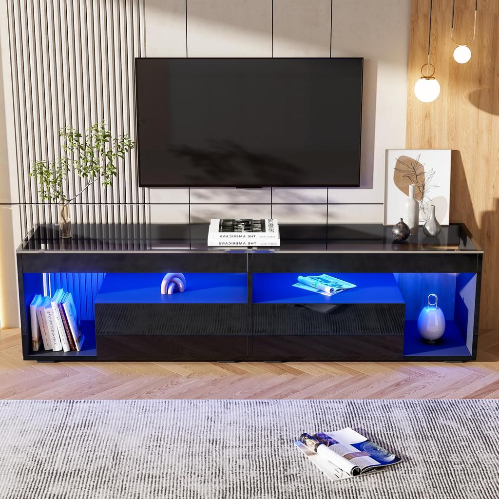 TV Schrank Stilvoll Fernsehschrank TV Lowboard Hochglanz Schwarz 70 Zoll Fernseher, TV Ständer 2 Schubladen, TV Möbel Wohnzimmer Schlafzimmer