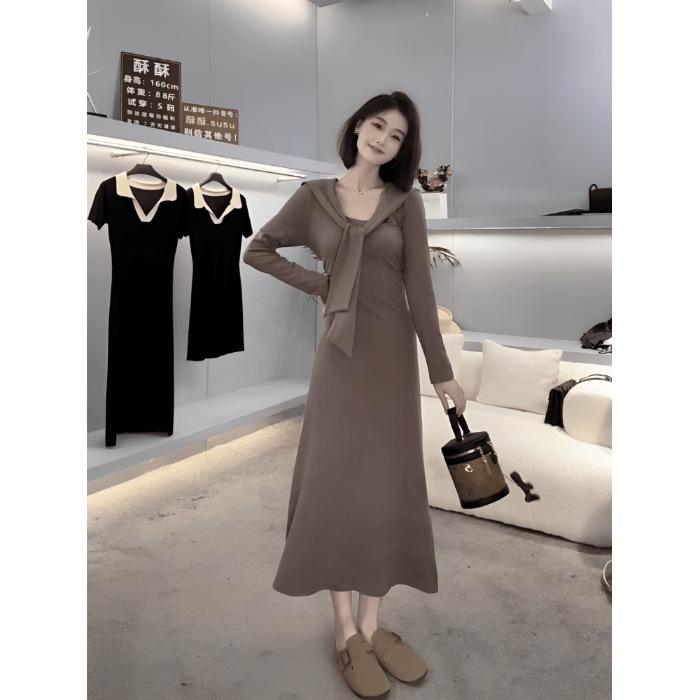 

Pure desire gentle temperament splicing lace-up long-sleeved knitted dress women s early autumn new waist and thin long dress women s clothing S