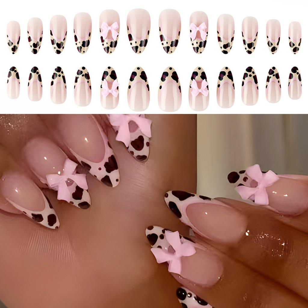 3D Bows Full Cover Stick On Nails French Tip Press On Nails Almond Artificial Nails False Nails with Leopards Designs