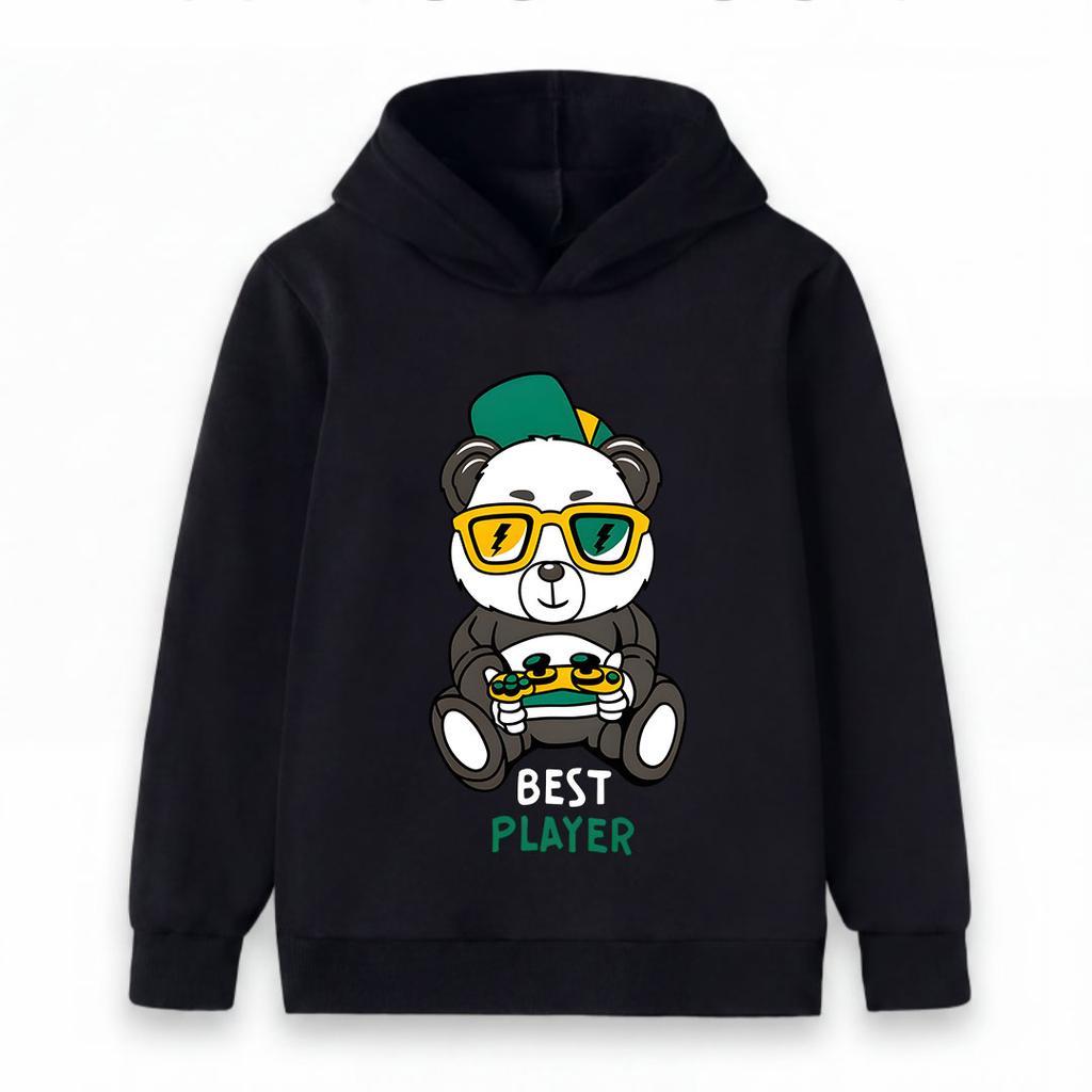 Kids Boys Girls Pullover Hoodie, Cool Gaming Panda Best Player Print Casual Long Sleeve Hooded Sweatshirt for Little Game Lovers Daily Wear Outdoor