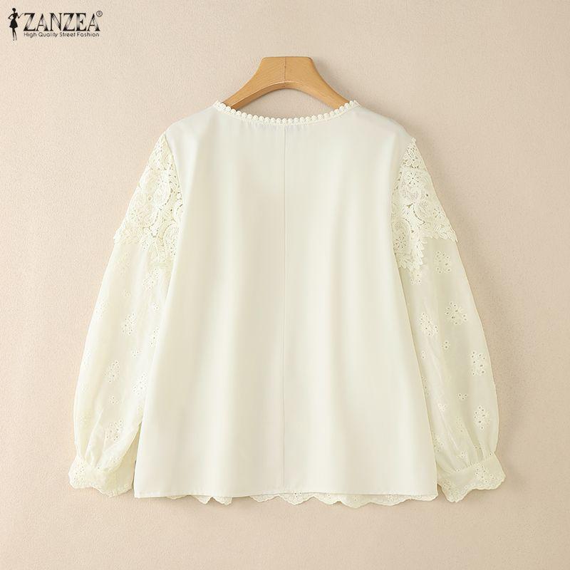 ZANZEA Women Casual Lace Crochet Patchwork Long Sleeve Blouse