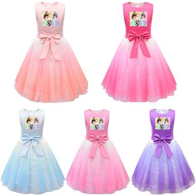 Kids Girls Princess POP Super Star Rumi Print Bow Sleeveless Mesh Tutu Dress
