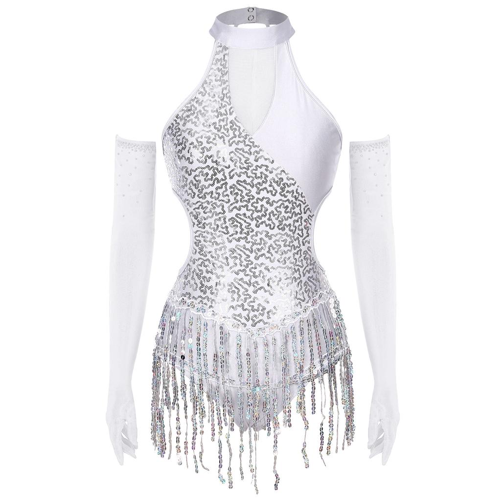 Womens Latin Figure Skating Jumpsuit Sleeveless Sequined Tassel Leotard Bodysuit Matching Mesh Gloves