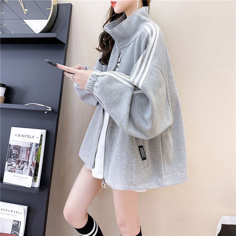 Plus Size Women Autumn Long Sleeve Zipper Jacket Winter Loose Casual Coats Sports Side Stripe Hoodie Sweatshirts