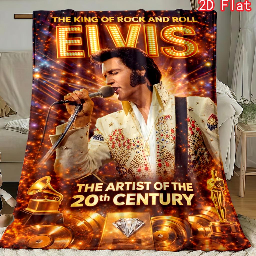 Elvis Presley "King of Rock and Roll" Flannel Blanket, Retro Rockstar Design Cozy Throw