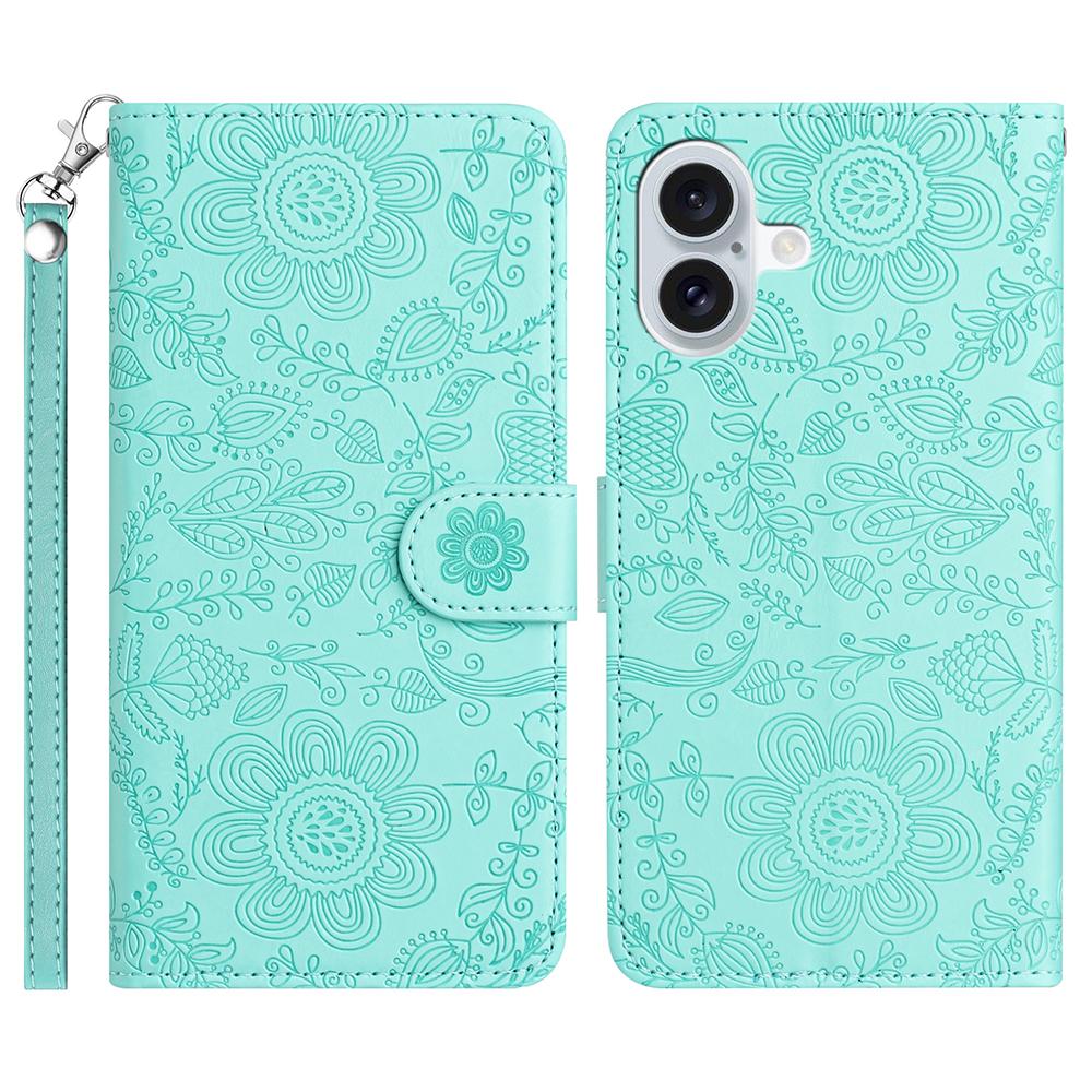 For iPhone 17 Case Flower Imprint Leather Flip Wallet Phone Cover with Wrist Strap