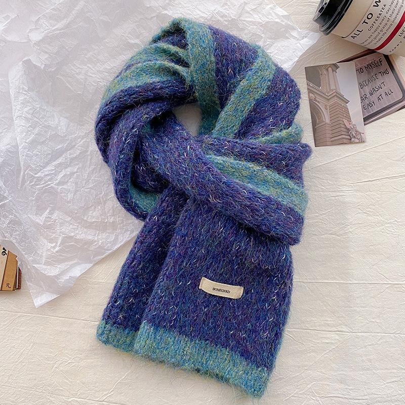 

Wool color matching knitted small scarf women s winter warm student versatile wool couple scarf темно-синий