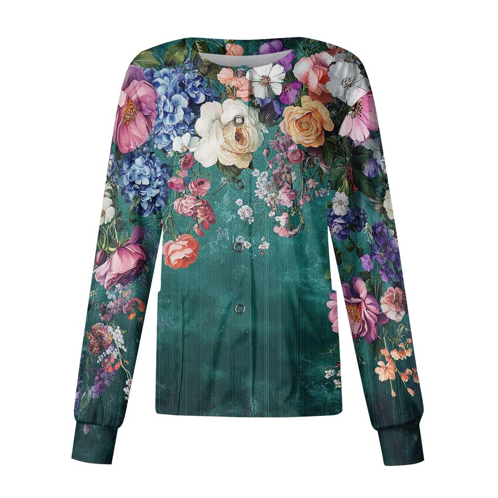 Women's Casual Long Sleeve Single Breasted Floral Print Caregiver Cardigan Top Lightweight Button Up Shirt for Daily Wear