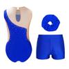 Kids Sparkly Rhinestone Embellished Sheer Mesh Leotard Paired with V Front Shorts and Headpiece for Dance