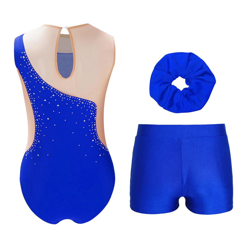 Kids Sparkly Rhinestone Embellished Sheer Mesh Leotard Paired with V Front Shorts and Headpiece for Dance