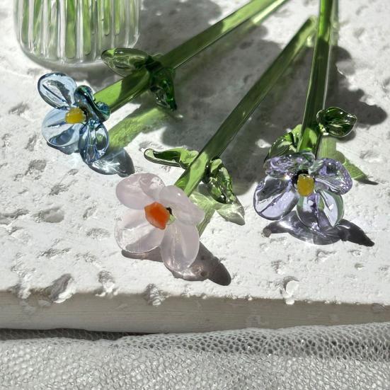 Hand Blown Mini Glass Flower Figurine Collectible Miniature Faux Crystal Flower Ornaments for Mothers Day Birthday Table Centerpiece DIY Craft