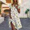 Women's Casual Fashion Lapel Floral Print Dress Short Sleeve V Neck Short Skirt
