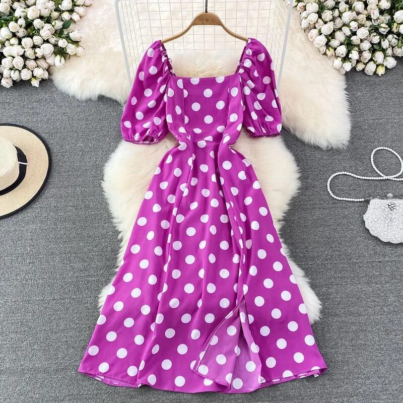 

Летнее винтажное женское платье в горошек с принтом, Новое поступление 2024 года, элегантное корейское вечернее платье трапециевидной формы с пышными рукавами и разрезом One Size розы красного