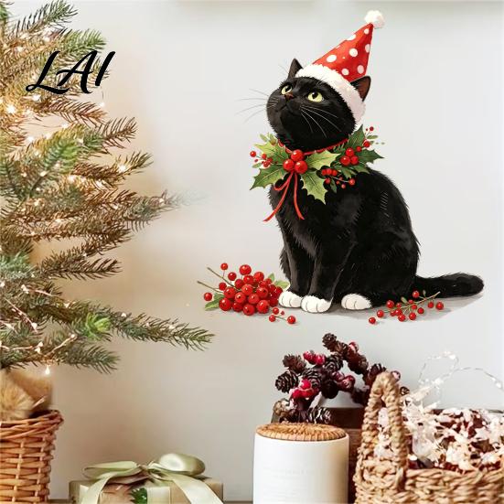 Winter Home Atmosphere Stickers Christmas Cute Black Cat Wall Sticker PVC Decal with Polka Dot Cone Hat Party Supplies And Red Berries Waterproof