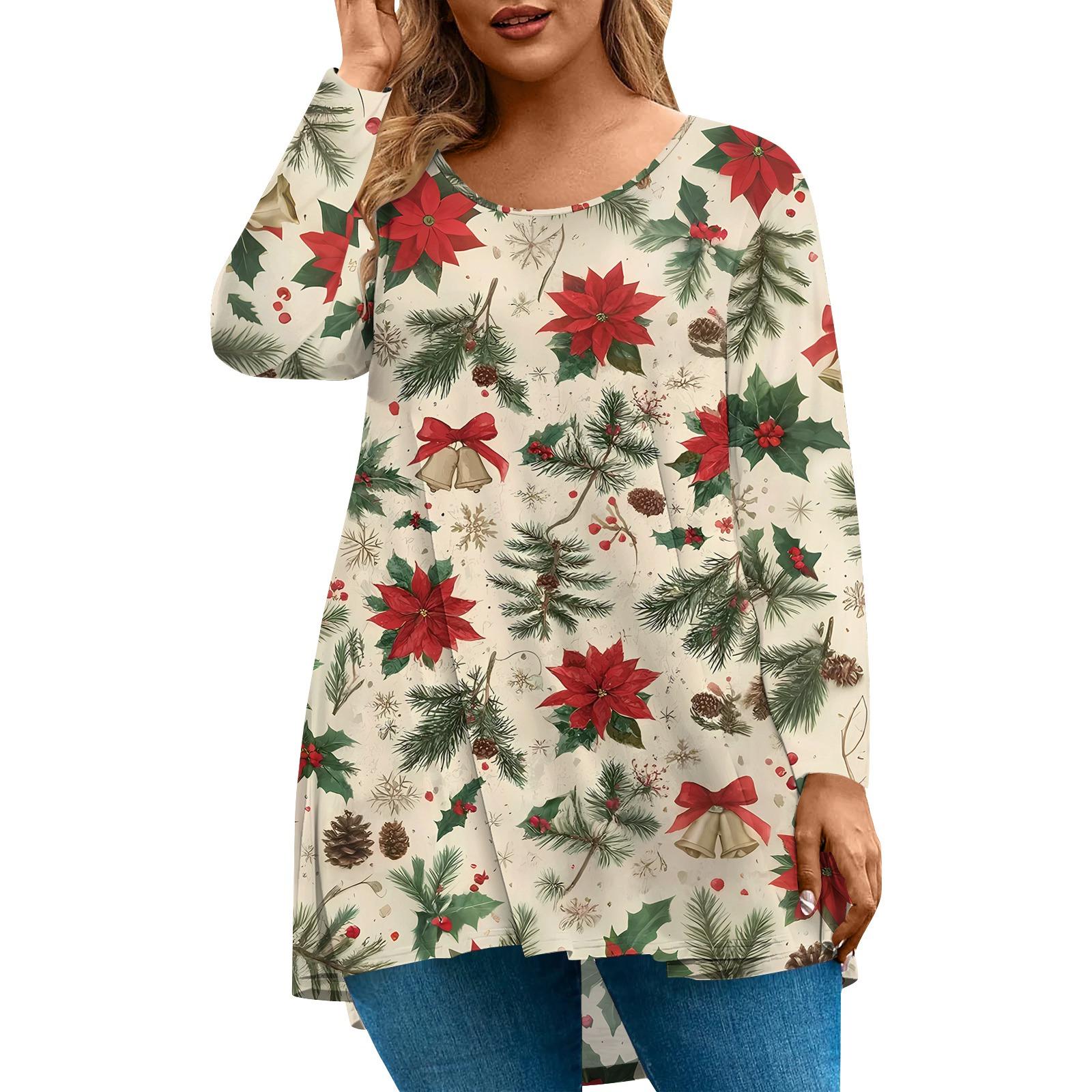 

Женская мода большого размера с круглым вырезом и длинным рукавом, повседневный свободный пуловер с рождественским принтом L