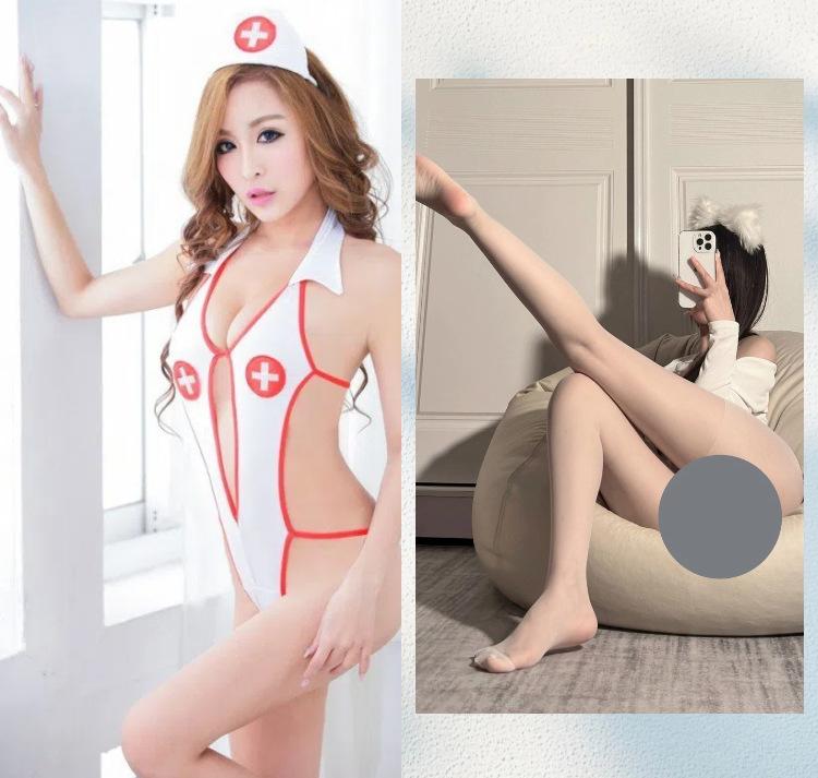 Sexy underwear, sexy women's breasts, neck-hanging three-point one-piece nurse uniform, extremely tempting suit