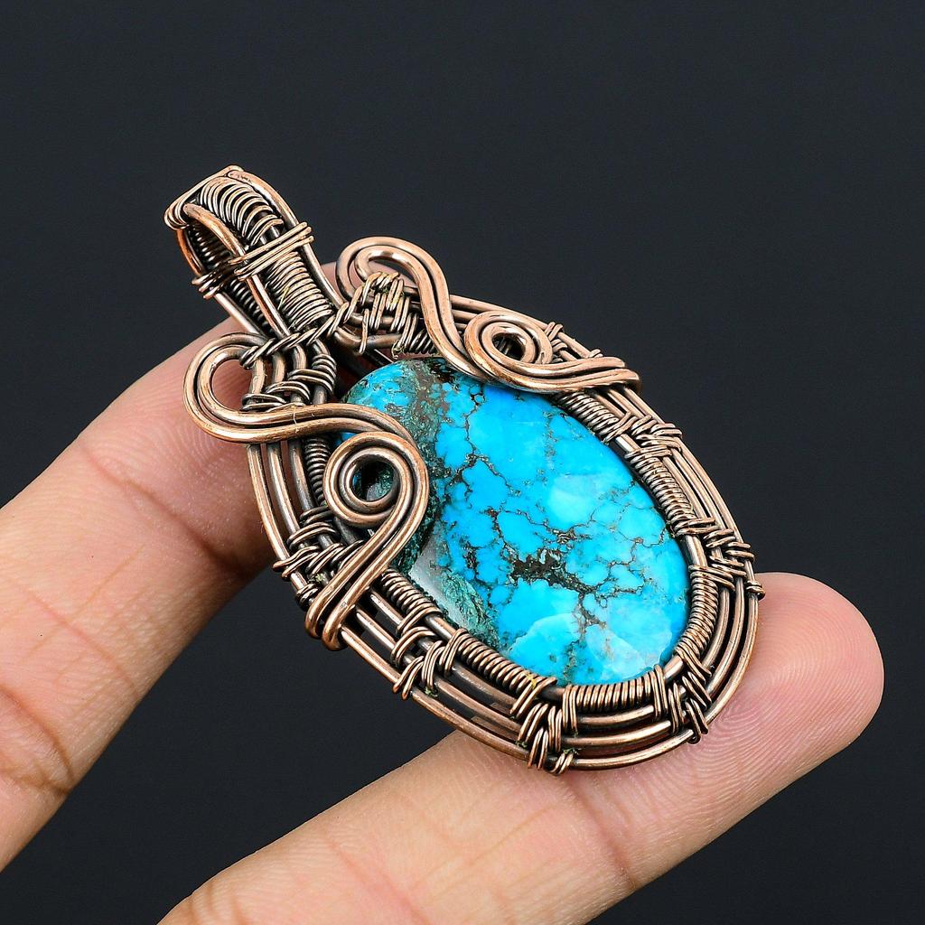 Tibetan Turquoise Pendant, 999 Copper Wire Wrapped Gemstone Jewelry, Handmade Pendant, For Thanksgiving