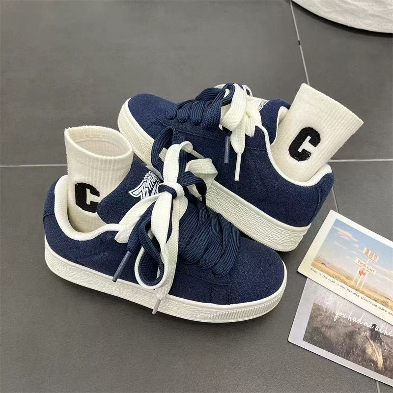 

Шикарные трендовые платформенные туфли в гонконгском стиле, мужские и женские ретро студенческие универсальные повседневные кеды для скейтборда 35 темно-синий