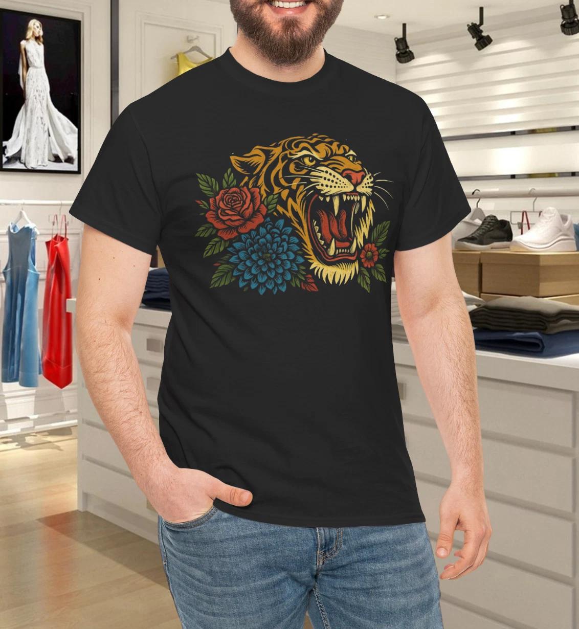 Roaring Tiger with Roses T- Shirt 4XL